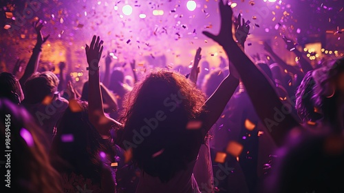 Wallpaper Mural Woman with Raised Arms in a Crowd of People Surrounded by Confetti Torontodigital.ca
