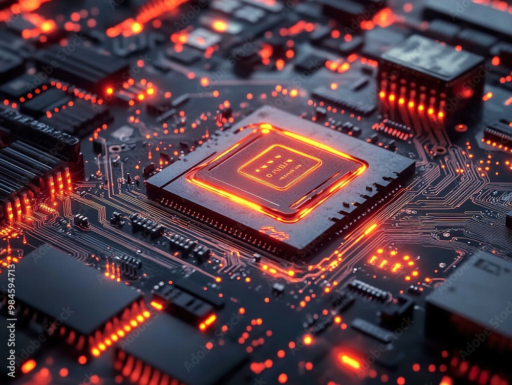 Closeup of a Glowing Microchip on a Circuit Board Closeup of a Glowing Microchip on a Circuit Board