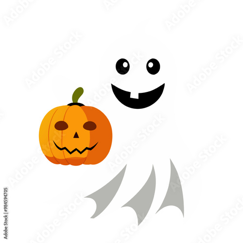 Friendly Ghost and Pumpkin: A cheerful ghost and a carved pumpkin with a toothy grin share a friendly moment, perfect for Halloween festivities. The simple, cartoonish style adds a touch of playful ch