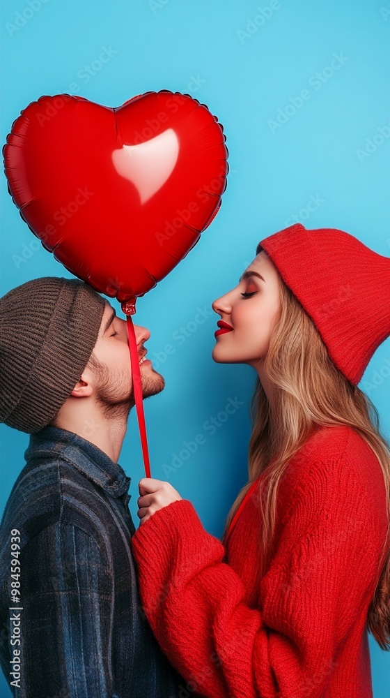 Playful couple sharing a romantic moment with a vibrant red heart balloon against a bright blue background, capturing the essence of love and joy. Playful couple sharing a romantic moment with a vibrant red heart balloon against a bright blue background, capturing the essence of love and joy.