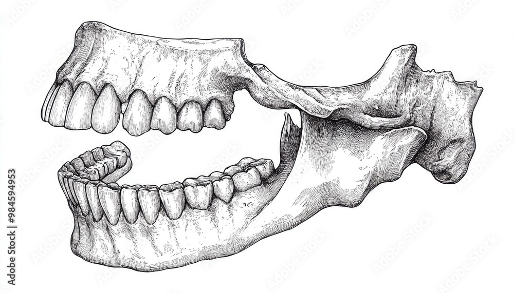 Line art illustration depicting a mandible featuring a vintage style drawing or engraving technique Line art illustration depicting a mandible featuring a vintage style drawing or engraving technique