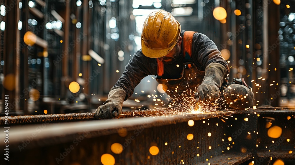Construction Worker Cutting Metal with Sparks Flying Construction Worker Cutting Metal with Sparks Flying