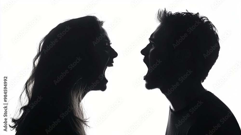 Silhouette profiles of man and woman facing each other, mouths open in heated argument or passionate discussion against white background. Silhouette profiles of man and woman facing each other, mouths open in heated argument or passionate discussion against white background.