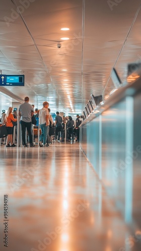 Bustling airport terminal hallway with reflective floors and ceiling, passengers queuing at check-in counters, warm lighting creating a modern ambiance.