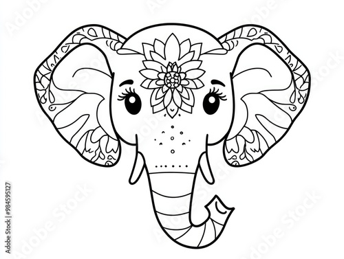 Cute elephant face coloring page for kids featuring simple line art and a geometric flower mandala design perfect for minimal clipart and coloring activities photo