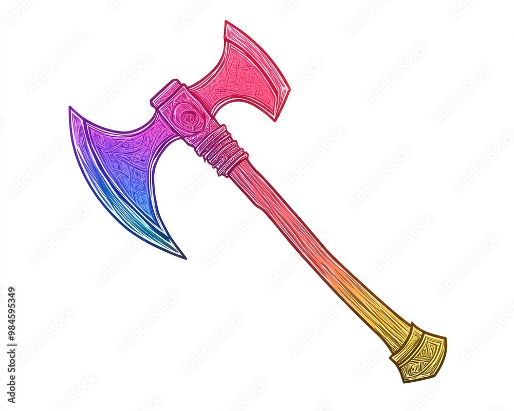 Line art illustration featuring a rainbow gradient of a cartoon medieval battle axe Line art illustration featuring a rainbow gradient of a cartoon medieval battle axe