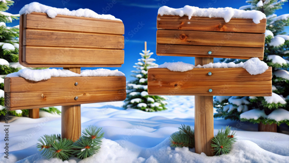 Two wooden signposts covered with snow stand amidst a snowy landscape with evergreen trees in the background. Snow-covered pine branches lie near the base of the signs under a clear blue sky.AI genera Two wooden signposts covered with snow stand amidst a snowy landscape with evergreen trees in the background. Snow-covered pine branches lie near the base of the signs under a clear blue sky.AI genera