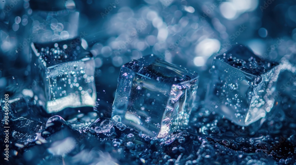 A blue background with ice cubes floating in the water, with an abstract style. A blue background with ice cubes floating in the water, with an abstract style.