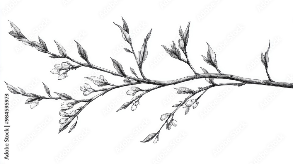Line art illustration depicting a Willow tree branch part of the Salix genus showcasing a range from small shrubs to tall trees Line art illustration depicting a Willow tree branch part of the Salix genus showcasing a range from small shrubs to tall trees