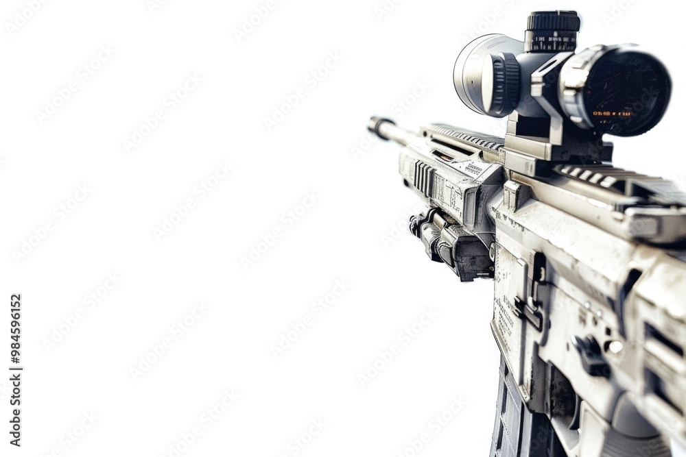 A close-up shot of a rifle on a white background, suitable for use in editorial or commercial contexts A close-up shot of a rifle on a white background, suitable for use in editorial or commercial contexts