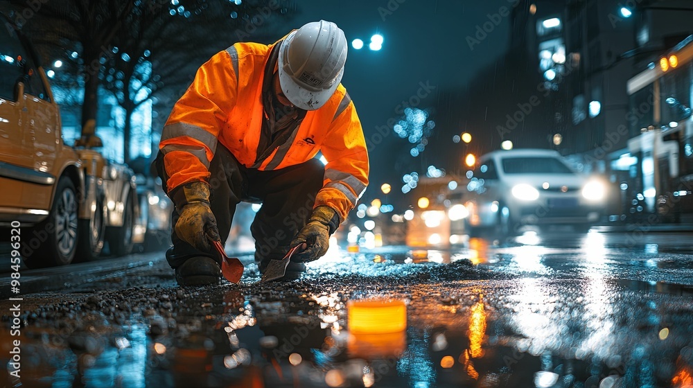 A Construction Worker Kneeling on a Wet Road at Night A Construction Worker Kneeling on a Wet Road at Night