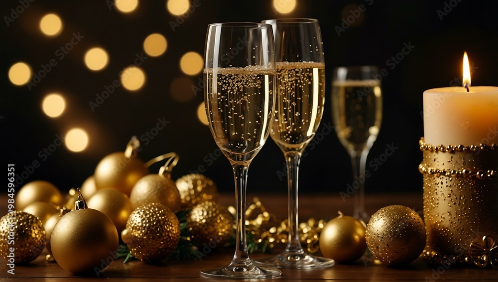 Sparkling New Year's Eve celebration with champagne and candles. Sparkling New Year's Eve celebration with champagne and candles.