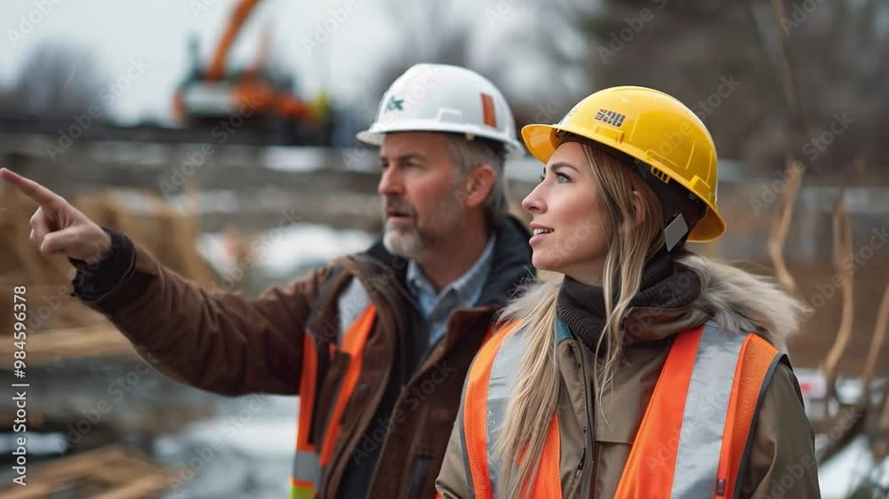 A man and woman in construction safety gear stand next to each other, pointing towards a structure being built in the background. A man and woman in construction safety gear stand next to each other, pointing towards a structure being built in the background.