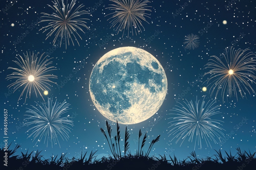 Fototapeta premium A serene scene of a full moon surrounded by colorful fireworks in the night sky
