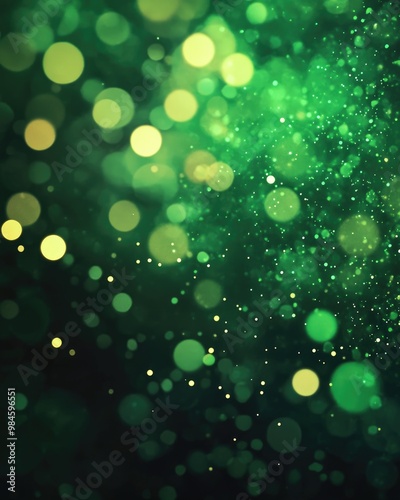 Abstract illustration featuring vibrant green bokeh circles creating a beautiful and luminous background with scattered particles