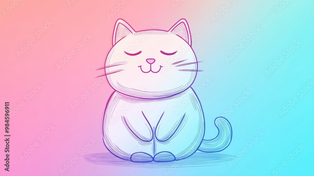 Line art illustration featuring a cold gradient drawing of an adorable cartoon cat in a boss like pose