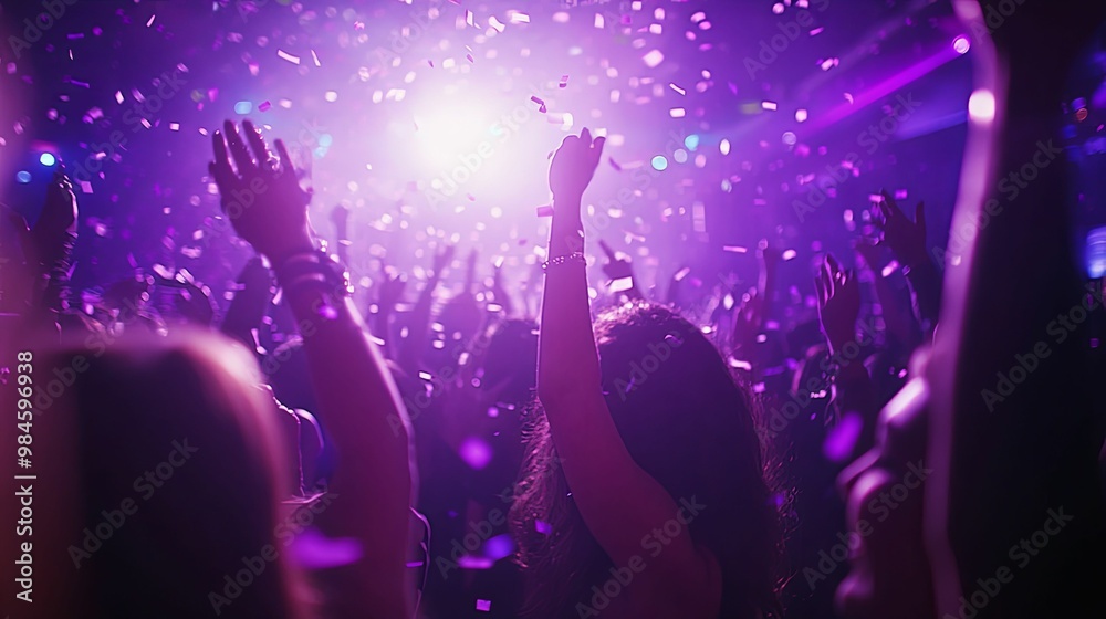 Crowd of people with raised hands, confetti falling in a purple-lit room Crowd of people with raised hands, confetti falling in a purple-lit room