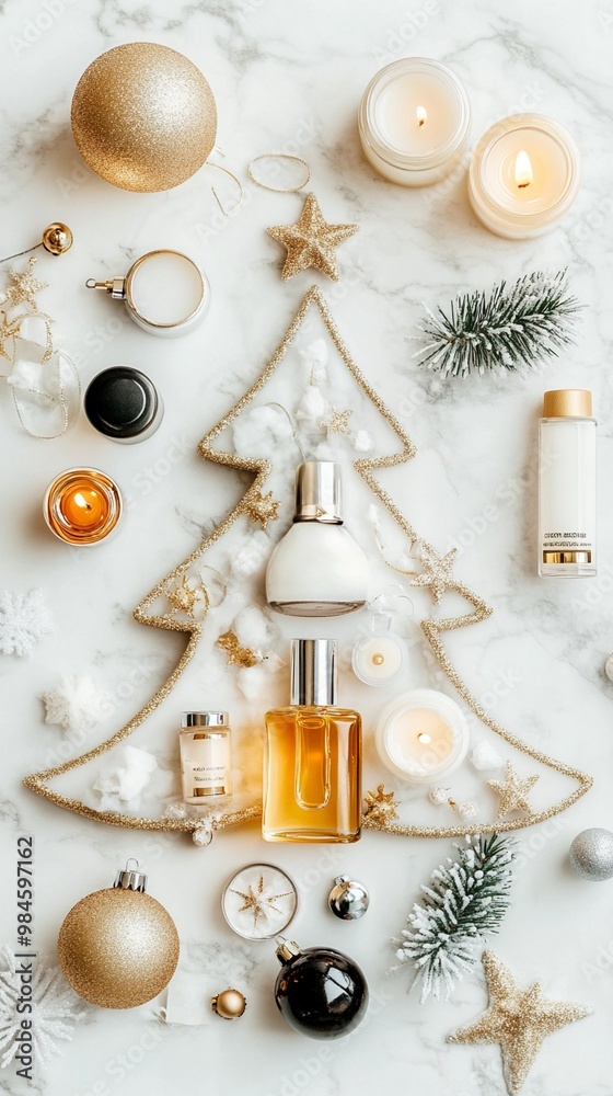Festive flat lay composition with Christmas tree shape made of perfume bottles, ornaments, and candles on white marble background, evoking holiday luxury. Festive flat lay composition with Christmas tree shape made of perfume bottles, ornaments, and candles on white marble background, evoking holiday luxury.