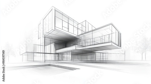 Line art depiction of contemporary modular architecture with a focus on an abstract facade in a three dimensional illustration