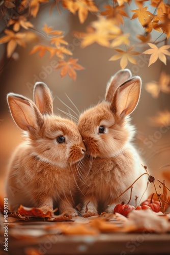 Two rabbits sit atop a pile of autumn leaves, surrounded by nature