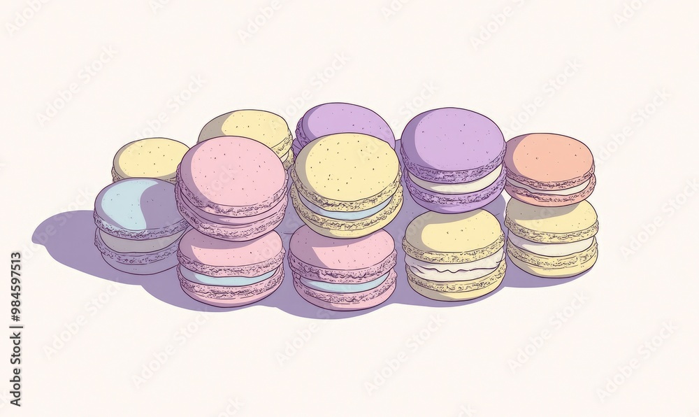 Line art illustration featuring a collection of pastel colored macarons set against a stylish backdrop Line art illustration featuring a collection of pastel colored macarons set against a stylish backdrop