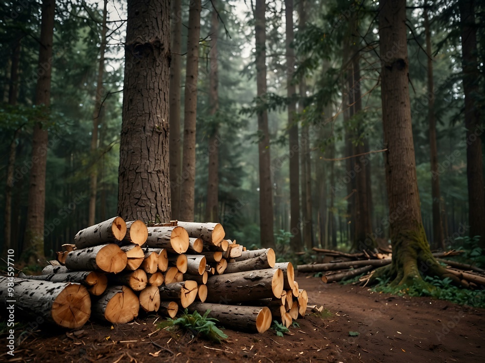 Stacked firewood in a serene forest setting with tall trees. Stacked firewood in a serene forest setting with tall trees.