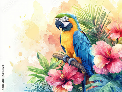 A colorful parrot perched among vibrant tropical flowers, showcasing its striking blue and yellow feathers. scene is filled with lush greenery and bright hibiscus blooms, creating lively atmosphere photo