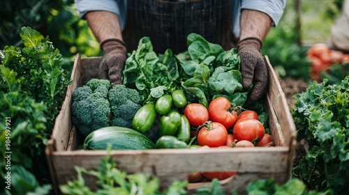 Freshly harvested organic vegetables in a rustic wooden crate held by gardener's hands, showcasing vibrant tomatoes, peppers, and leafy greens from the garden.