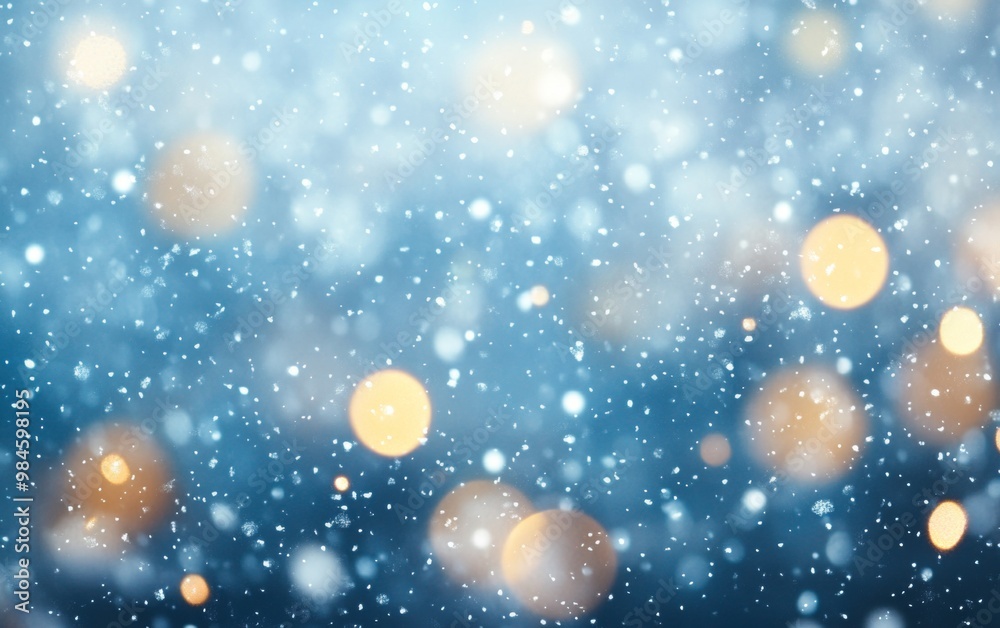 Obraz premium Blur snow blue background. Soft snowfall against a blurred blue background with glowing bokeh lights, creating a peaceful winter ambiance.