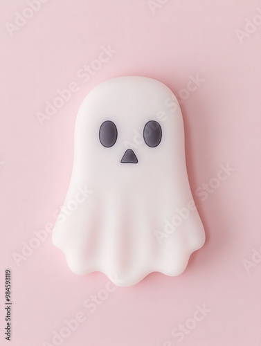 Cute minimalist halloween white Ghost, pastel color on a white pastel background 