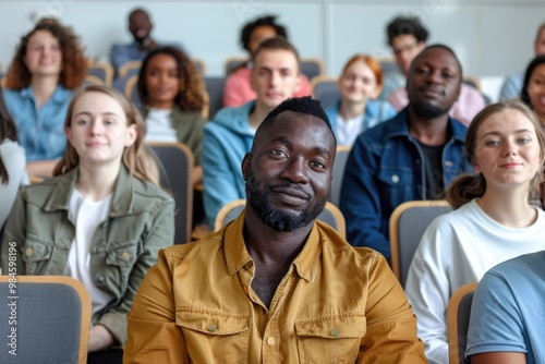 A person sits among a group of others in a meeting setting, focusing on the discussion