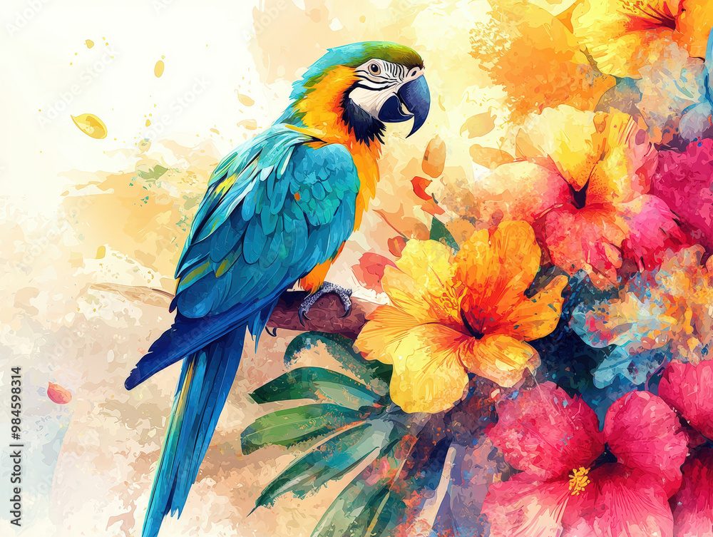 Obraz premium A colorful parrot perched among vibrant tropical flowers creates stunning visual. bright hues of bird and blossoms evoke sense of joy and liveliness in this tropical paradise