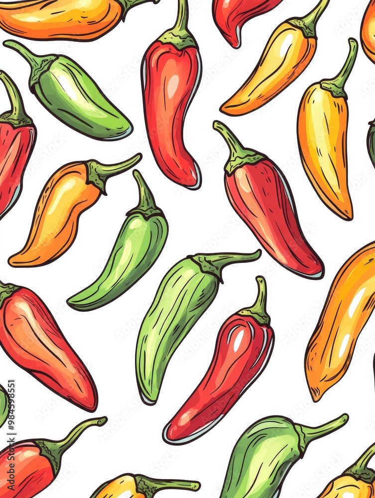 Colorful and monochrome hand drawn chili illustrations in a cartoon doodle style for children s coloring books Colorful and monochrome hand drawn chili illustrations in a cartoon doodle style for children s coloring books