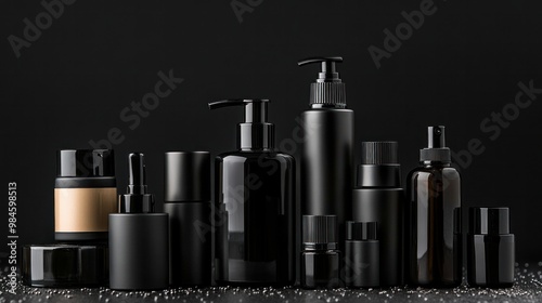 Cosmetics, moisturizer, and bottle. Various cosmetic bottles isolated on white with a collection of cosmetic items on a black background. Cosmetic package collection for soups, creams, shampoos, and f photo