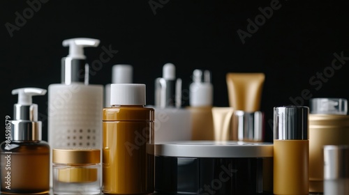 Cosmetics, moisturizer, and bottle. Various cosmetic bottles isolated on white with a collection of cosmetic items on a black background. Cosmetic package collection for soups, creams, shampoos, and f