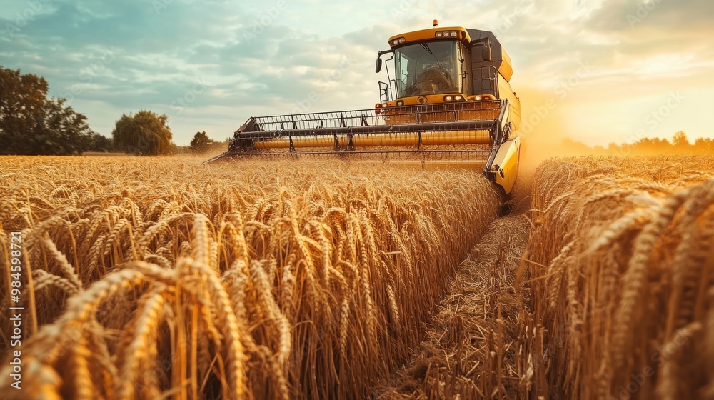 Fototapeta premium Harvester harvests wheat in field.
