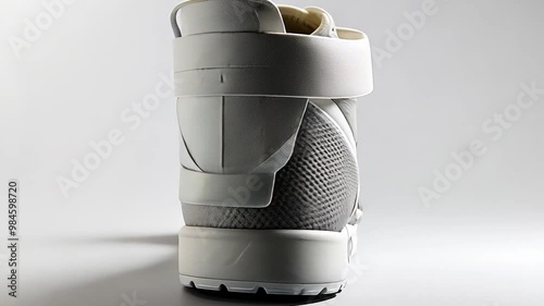 A detailed image of a white orthopedic brace designed for ankle support, isolated on a white background, highlighting its construction and design. photo