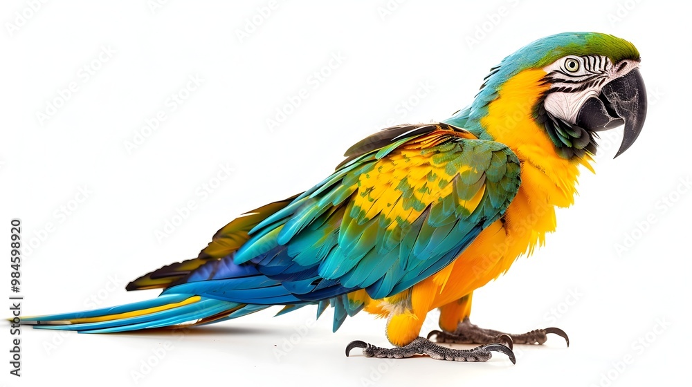 Fototapeta premium Vibrant Parrot Perched on White Background with Copy Space
