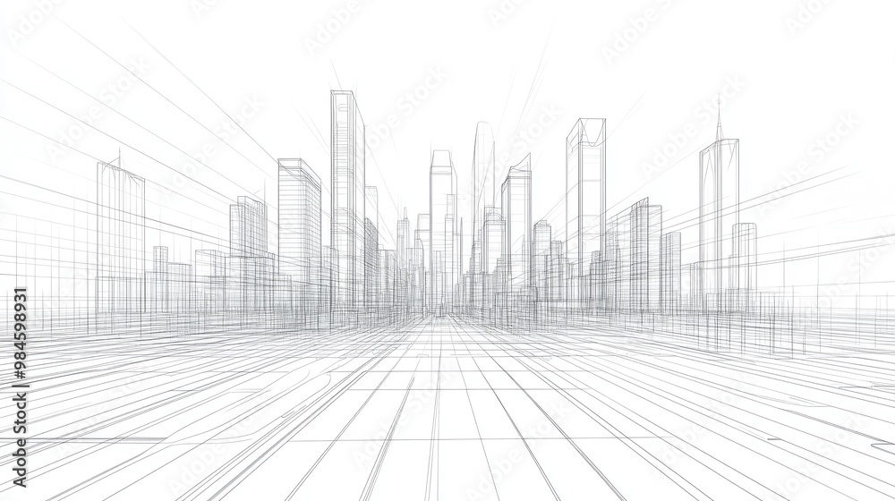 Line art illustration featuring an outline of a city concept in a wire frame style presented as a three dimensional graphic Line art illustration featuring an outline of a city concept in a wire frame style presented as a three dimensional graphic