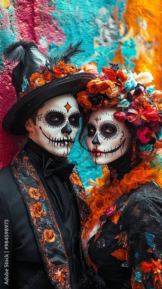 Vibrant Day of the Dead celebration with two elaborately costumed figures in skull makeup, adorned with colorful flowers against a vivid backdrop of turquoise and red. Vibrant Day of the Dead celebration with two elaborately costumed figures in skull makeup, adorned with colorful flowers against a vivid backdrop of turquoise and red.