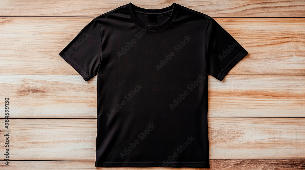 Flat Lay Front View of Blank Black T-Shirt Mockup on Rustic Wooden Background for Apparel Design and Print Presentation Flat Lay Front View of Blank Black T-Shirt Mockup on Rustic Wooden Background for Apparel Design and Print Presentation