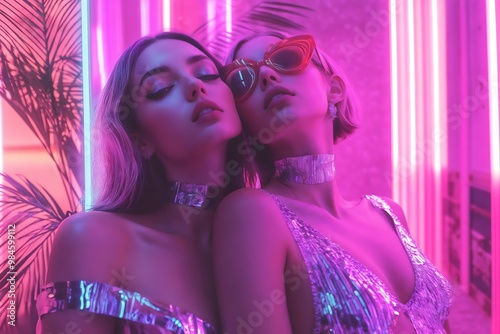 Two Glamorous Girls in Sparkling Outfits Bathed in Neon Lights. Lesbian Couple, Nightlife