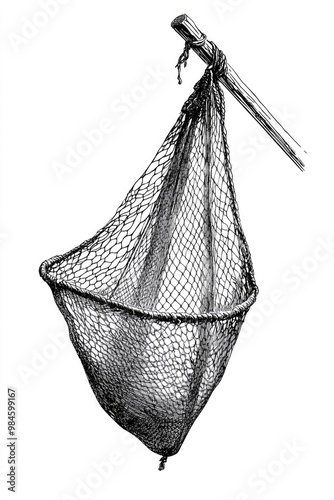 Line art illustration depicting a gill net a widely used fishing technique presented in a vintage drawing or engraving style photo