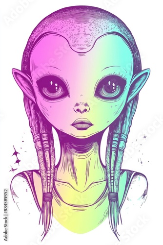 Line art illustration featuring a cool gradient drawing of a cartoon alien girl