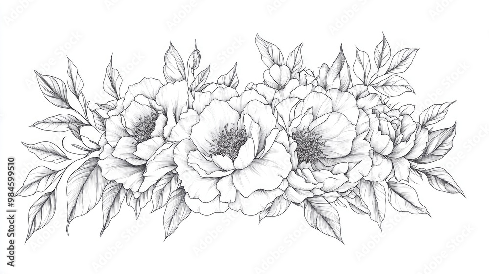 Line Art of Rose Flowers Floral Bouquets and Frames Hand Drawn Fine Line Illustrations of Roses Leaves and Botanical Elements Coloring Page Featuring Isolated Peony Roses Line Art of Rose Flowers Floral Bouquets and Frames Hand Drawn Fine Line Illustrations of Roses Leaves and Botanical Elements Coloring Page Featuring Isolated Peony Roses