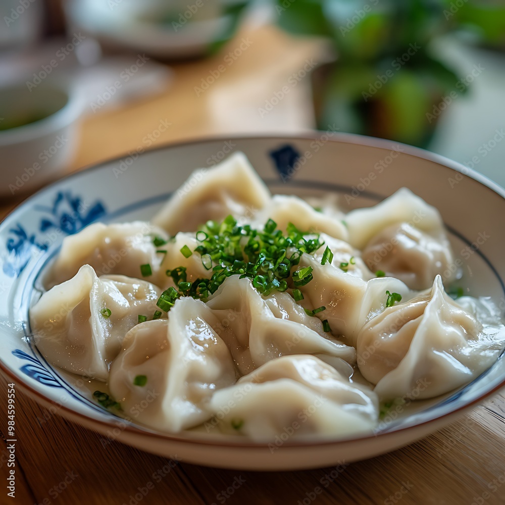 A plate of freshly steamed dumplings topped with chopped green onions. A plate of freshly steamed dumplings topped with chopped green onions.