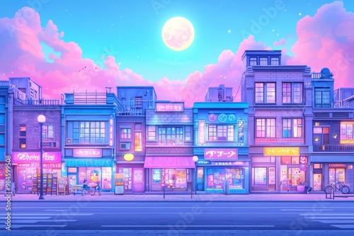 Vibrant cityscape with colorful buildings, bright moon, and whimsical clouds in retro pixel art style