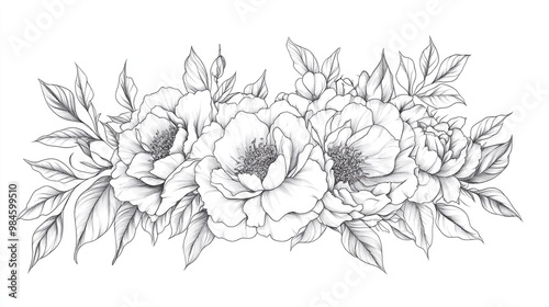 Line Art of Rose Flowers Floral Bouquets and Frames Hand Drawn Fine Line Illustrations of Roses Leaves and Botanical Elements Coloring Page Featuring Isolated Peony Roses