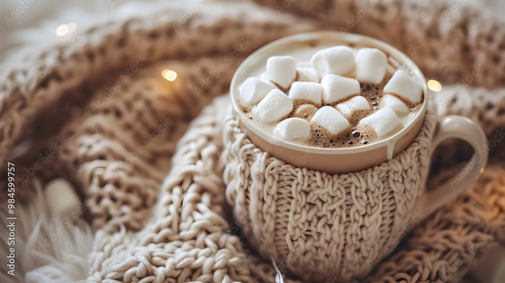 Cozy Hot Chocolate with Marshmallows in Knitted Cup for Relaxing Winter Moments
