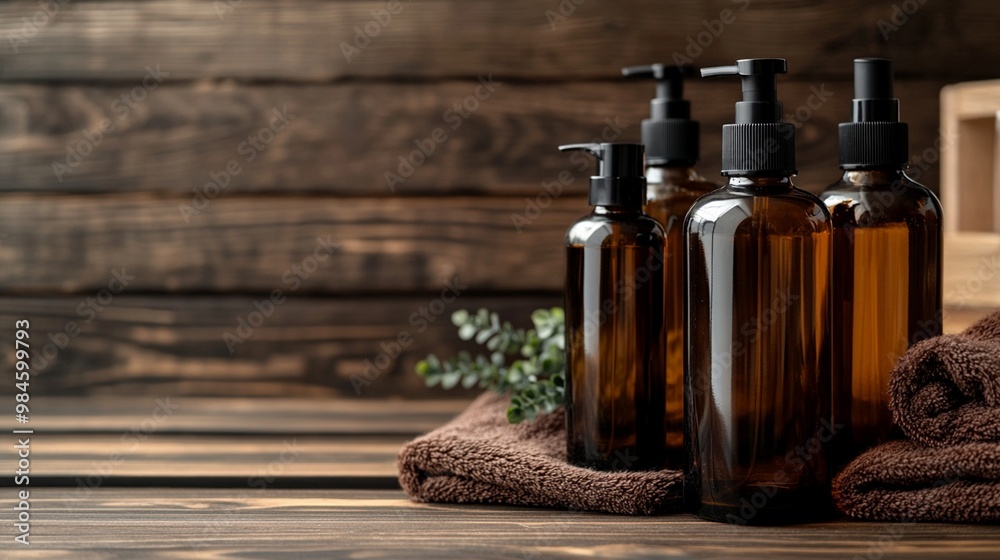 Amber glass bottles of spa products arranged on brown towels against rustic wooden background, creating a serene and natural wellness atmosphere. Amber glass bottles of spa products arranged on brown towels against rustic wooden background, creating a serene and natural wellness atmosphere.